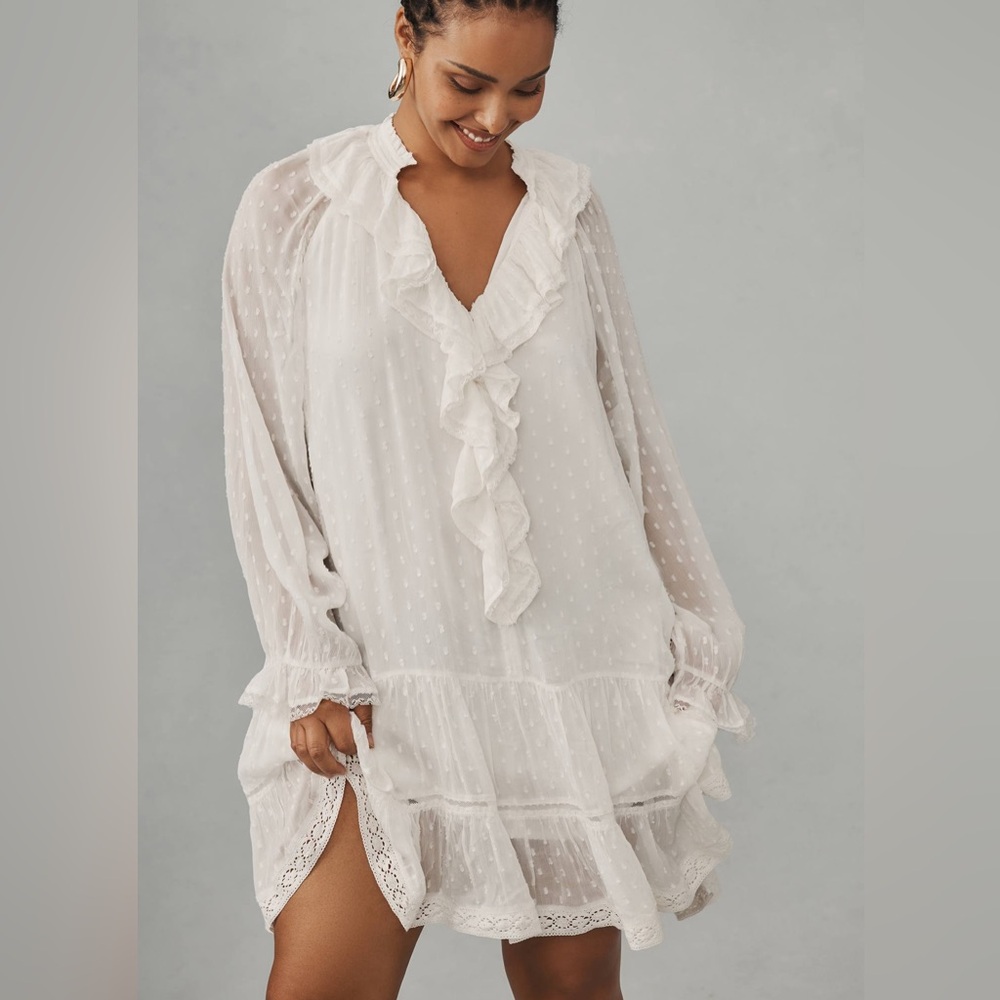 Anthropologie Long Sleeve V-Neck Ruffled Tunic Dress White Boho Size XXSβ